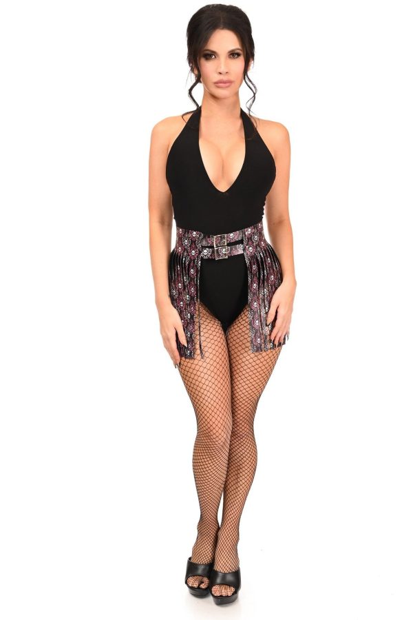 Pink & White Skulls Faux Leather Fringe Skirt Sale - Image 3
